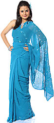 Sky-Blue Sari with Cyan Sequins and Floral Beads