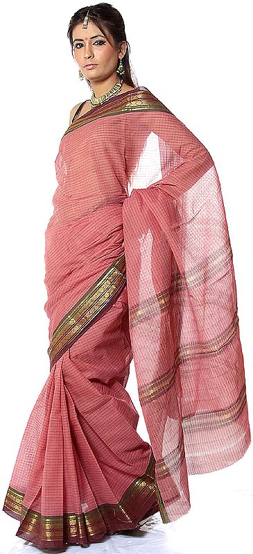 Cerise Narayanpet Sari with Fine Checks