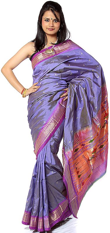 Wedgewood-Lavender Paithani Sari with Woven Peacocks on Anchal in Zari Thread
