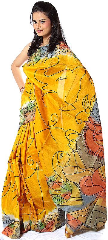 Citrus Sari from Kolkata with Hand-Painted Figures