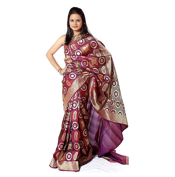 Multi-Color Designer Sari from Banaras with Woven Motifs All-Over