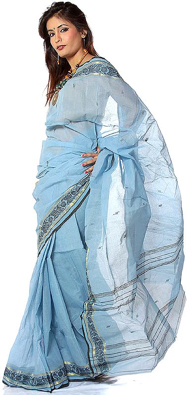 Sky-Blue Hand-woven Sari from Kolkata