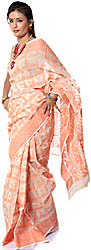 Ivory Jamdani Sari from Kolkata with All-Over Weave in Orange Thread