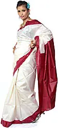 Plain Ivory Puja Sari Sari with Purple Border