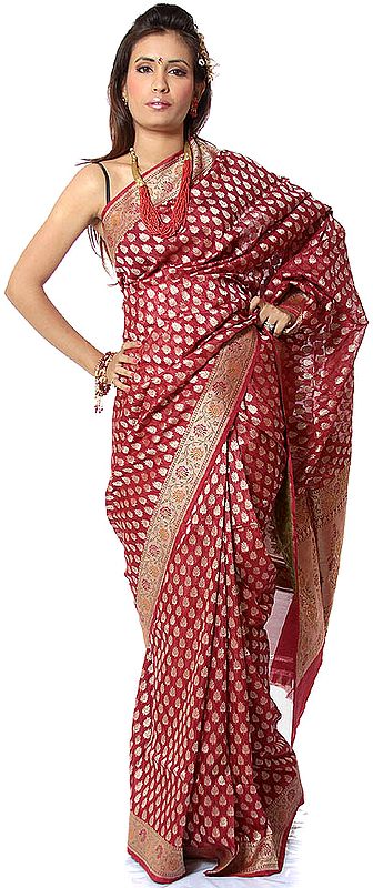 Red Bridal Sari from Banaras with All-Over Hand-woven Leaves and Brocaded Border
