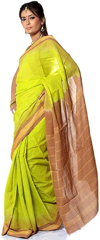 Lime-Green Bengali Hand-woven Puja Sari