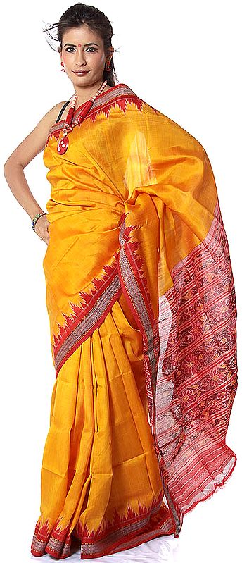Amber Khadi-Silk Sari from with Temple Border and Ikat Weave on Anchal