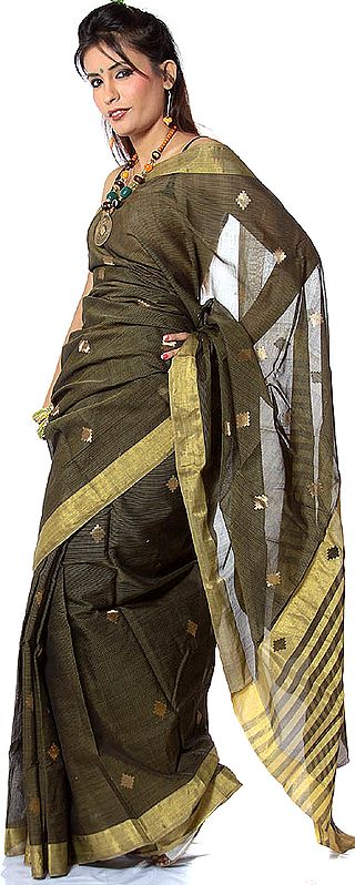 Black Chanderi Sari with Pin Stripes and Bootis Woven in Golden Thread