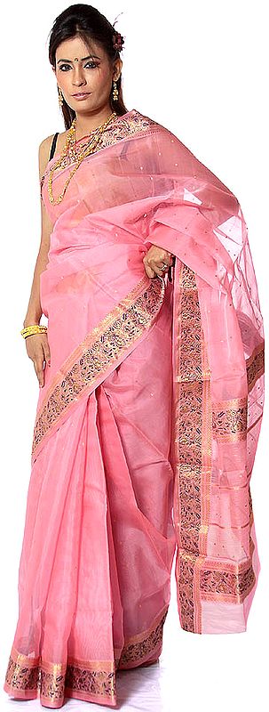 Pink Chanderi Sari with Golden Bootis and Brocaded Border