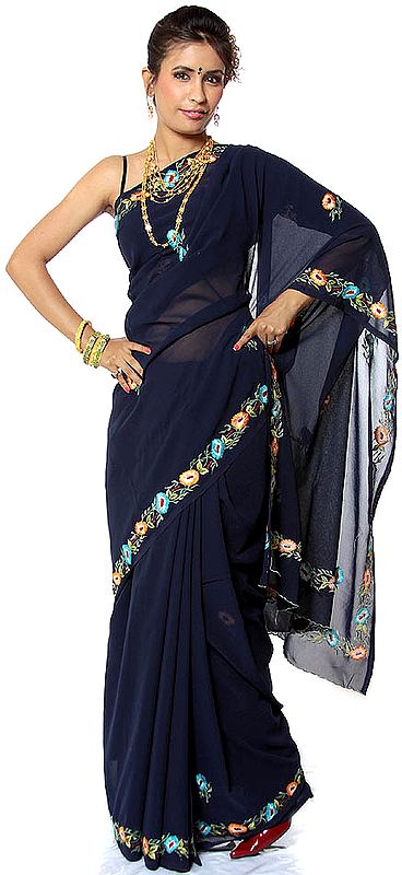 Plain Midnight-Blue Sari with Parsi Embroidered Flowers