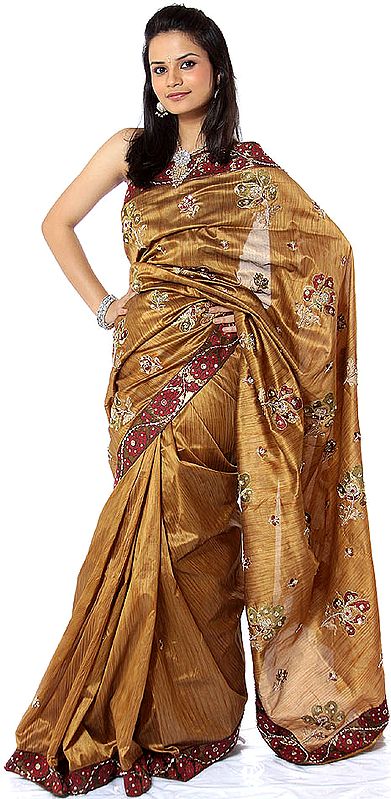 Golden Banarasi Sari with Beadwork and Sequins