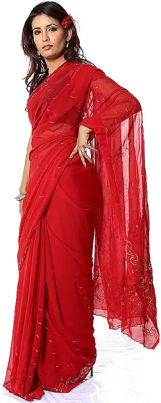 Red Sari with Sequins and Threadwork