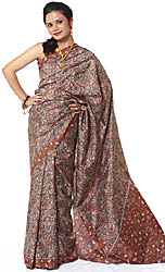 Brown and Rust Sari from Kolkata with Printed Paisleys