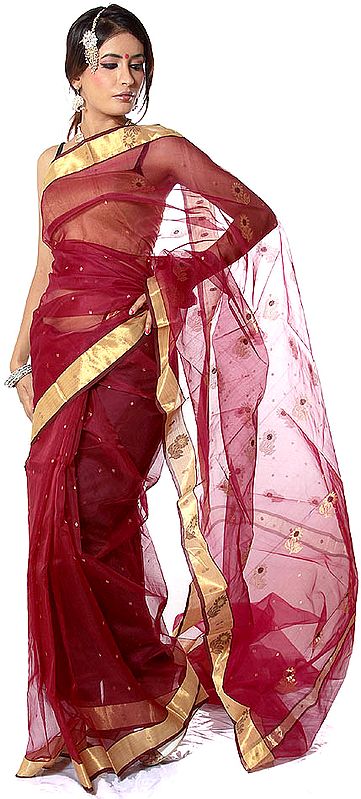 Rumba Red Chanderi Sari with All-Over Bootis in Golden Thread