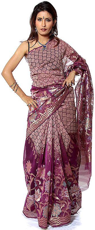Purple Net Sari from Banaras with Brocaded Flowers