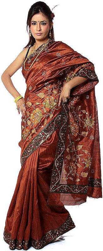 Chutney-Brown Banarasi Sari with Beadwork and Sequins