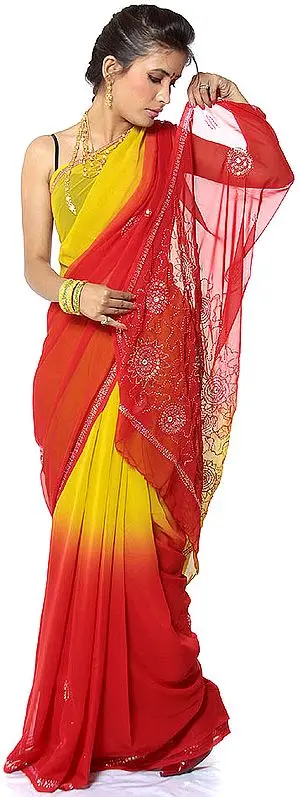 Red and Olive Sari with Sequins and Threadwork