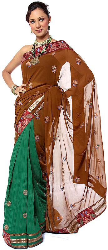 Sepia and Green Designer Saree with Sequins Embroidered as Flowers