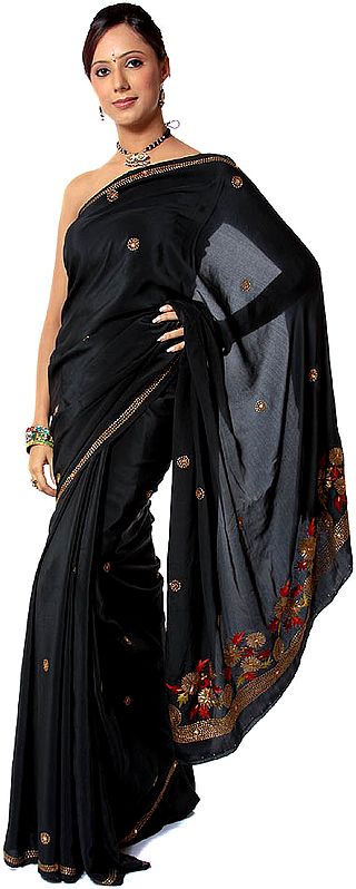 Black Crepe Sari with Sequins and Beads