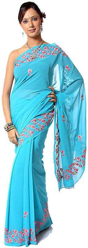 Sky-Blue Sari with Parsi Embroidered Flowers on Border