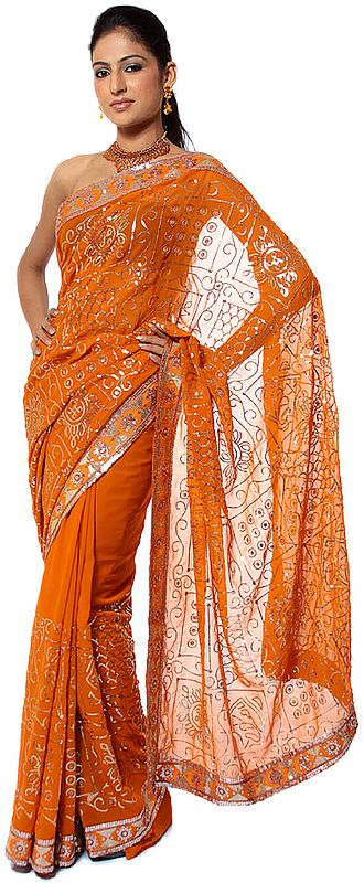 Burnt-Orange Sari with All-Over Embroidered