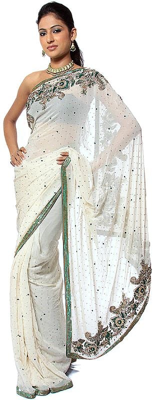 Ivory and Green Wedding Sari with Sequins and Intricate Embroidery on Anchal