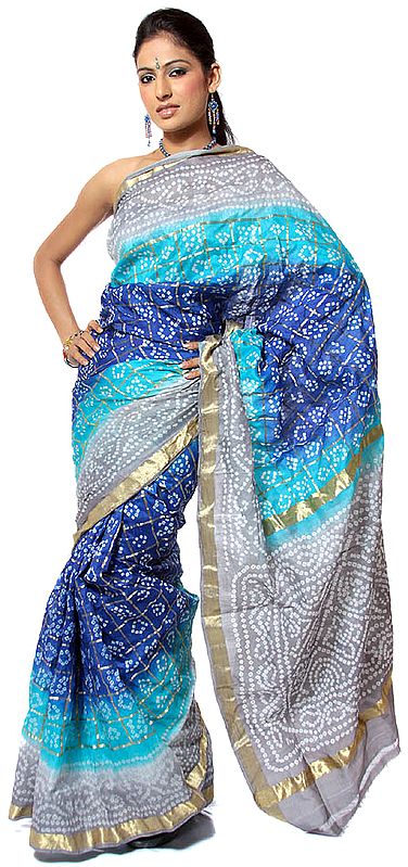 Blue and Gray Bandhani Gharchola Sari from Gujarat