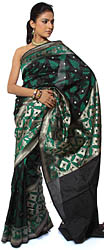 Black and Green Jamdani Sari from Banaras with Woven Leaves All-Over