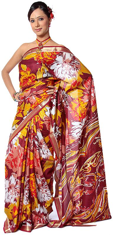 Pure Silk Printed Sari from Mysore with Golden Zari on Border