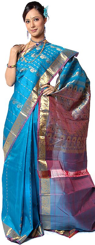 Turquoise-Blue Kanjivaram Sari with Golden Floral Weave on Anchal and Border in Golden Thread