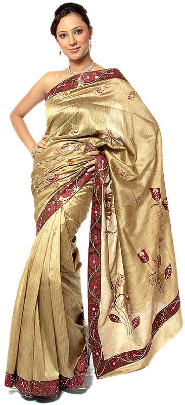 Khaki Banarasi Sari with Beadwork and Sequins