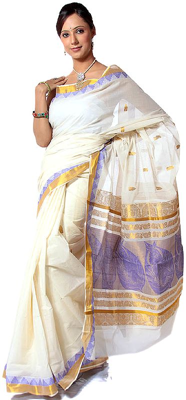 Ivory and Golden Kasavu Cotton Sari from Kerala with Little Krishna Woven on Anchal