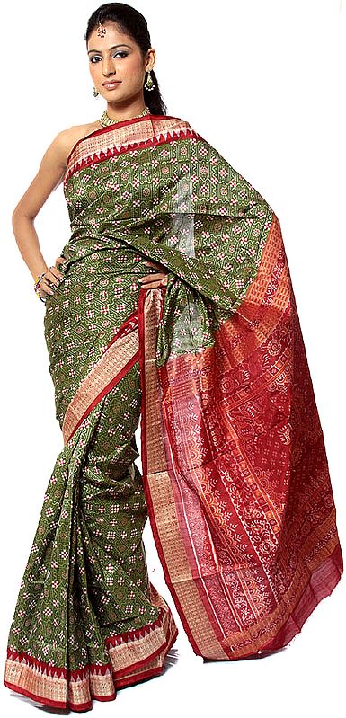 Green Sambhalpuri Sari with All-Over Ikat Weave from Orissa
