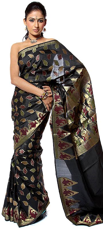 Black Banarasi Sari with Leaves and Paisleys Woven All-Over