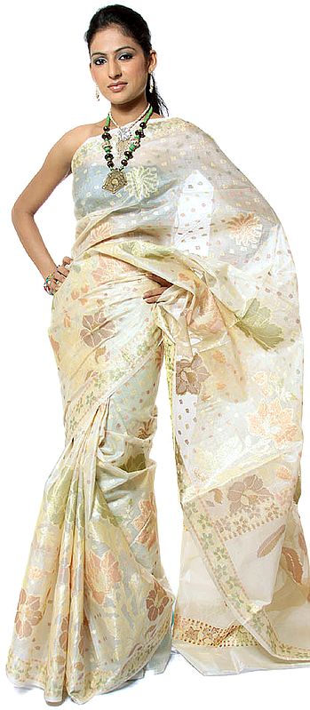 Cream Banarasi Sari with Large Flowers Woven in Multi-Color Thread