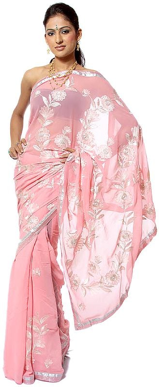 Powder-Pink Sari with Floral Embroidery and Beadwork