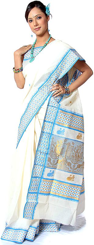 Ivory and Blue Kasavu Cotton Sari from Kerala with Auspicious Motifs