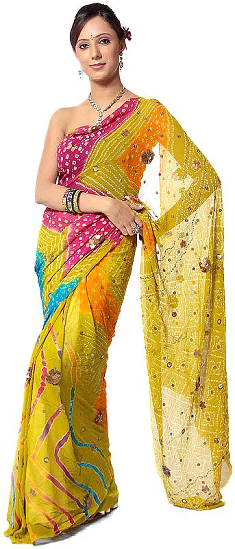 Golden-Olive Bandhani Sari with Sequins