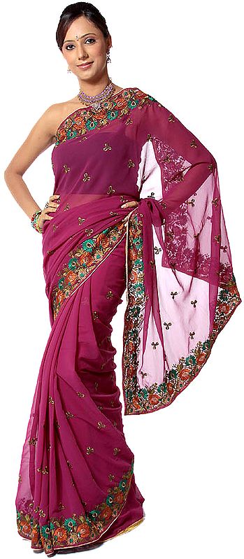 Purple Sari with Parsi Embroidered Flowers All-Over