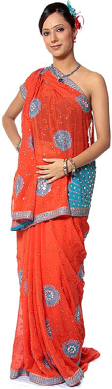 Orange Sari with Cyan Sequins and Beadwork by Hand All-Over