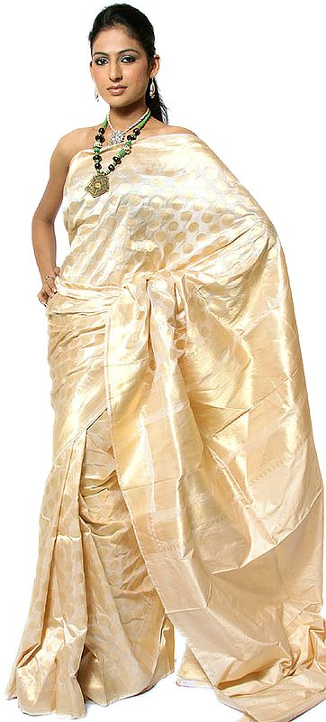 Cream Wedding Banarasi Sari with All-Over Golden Bootis