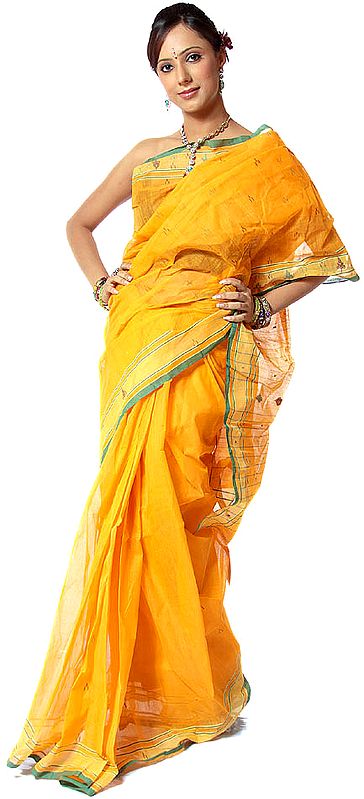 Amber Tengail Sari from Kolkata with Woven Bootis