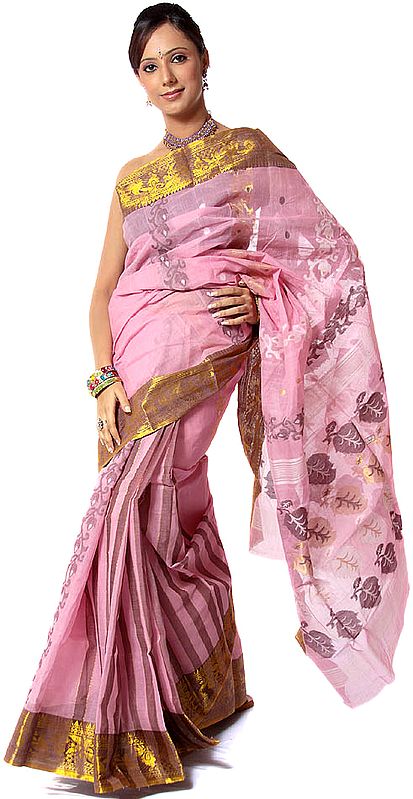 Pink Dhakai Sari from the East with Woven Leaves and Zari Border
