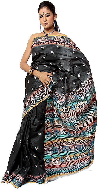 Black Printed Sari from Kolkata with Crewel Embroidered Paisleys All-Over
