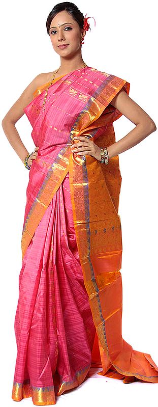 Pink Kanjivaram Sari with Golden Floral Weave on Anchal and Border in Golden Thread