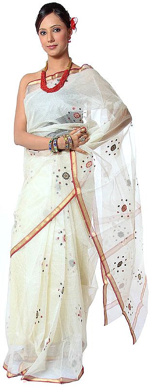Ivory Chanderi Sari with Small Checks and All-Over Bootis