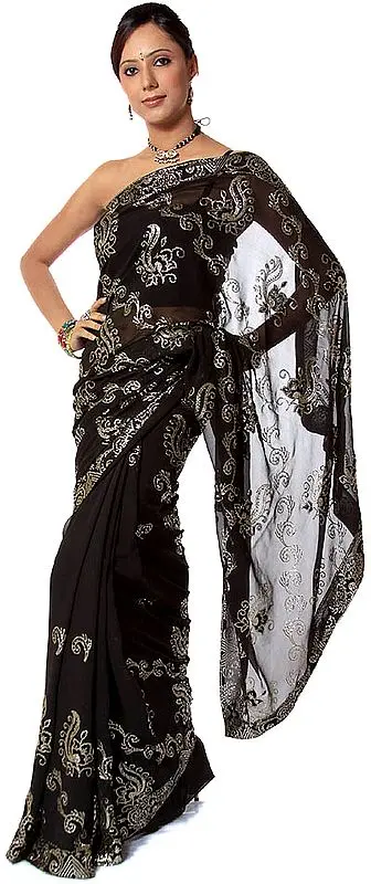 Black Sari with Sequins and Threadwork