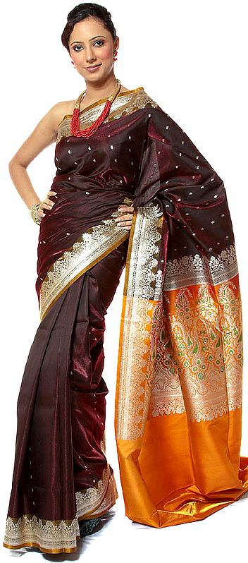 Black and Amber Banarasi Sari with Golden Bootis and Brocaded Anchal