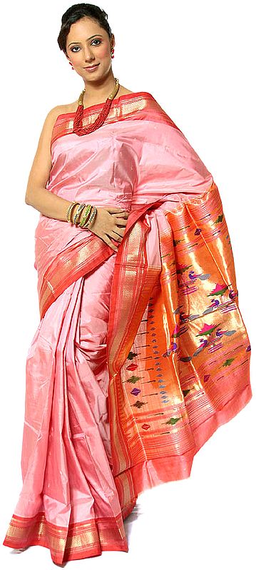 Pink Paithani Sari with Woven Peacocks on Anchal in Zari Thread