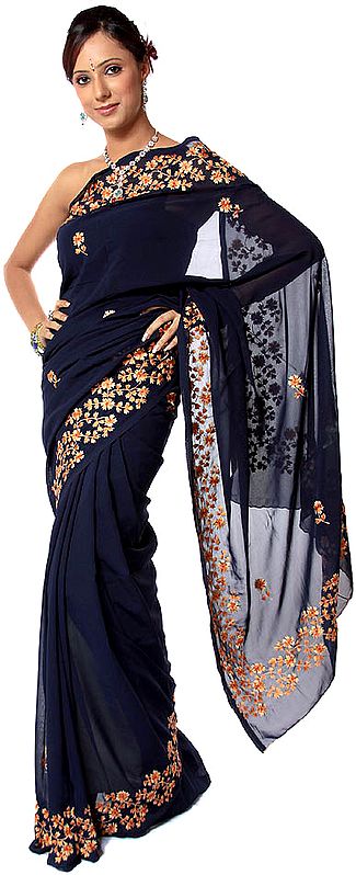 Plain Midnight-Blue Sari with Parsi Embroidered Flowers